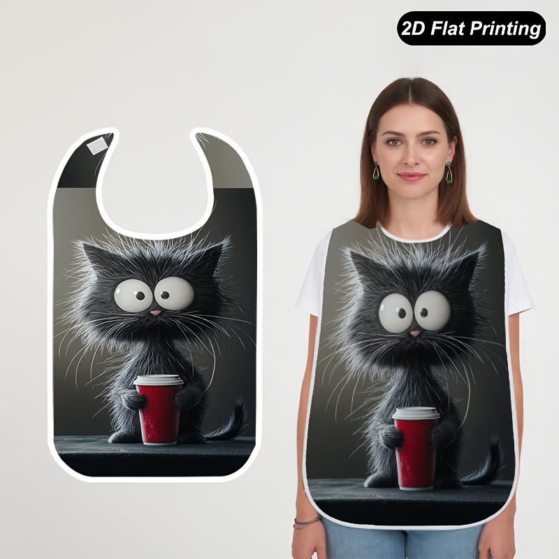 TEMU Bavoir 1 pièce avec imprimé plat 2D et café, attrape- de repas pour adultes et seniors, unisexe, de vaisselle, motif amusant, poche à bave,
