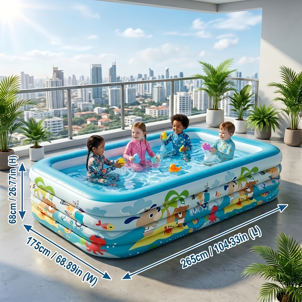 TEMU New Large, Thickened, Cartoon-themed Inflatable Swimming Pool For Home Use, Portable And Quick-inflating Family Wading Pool, Perfect For