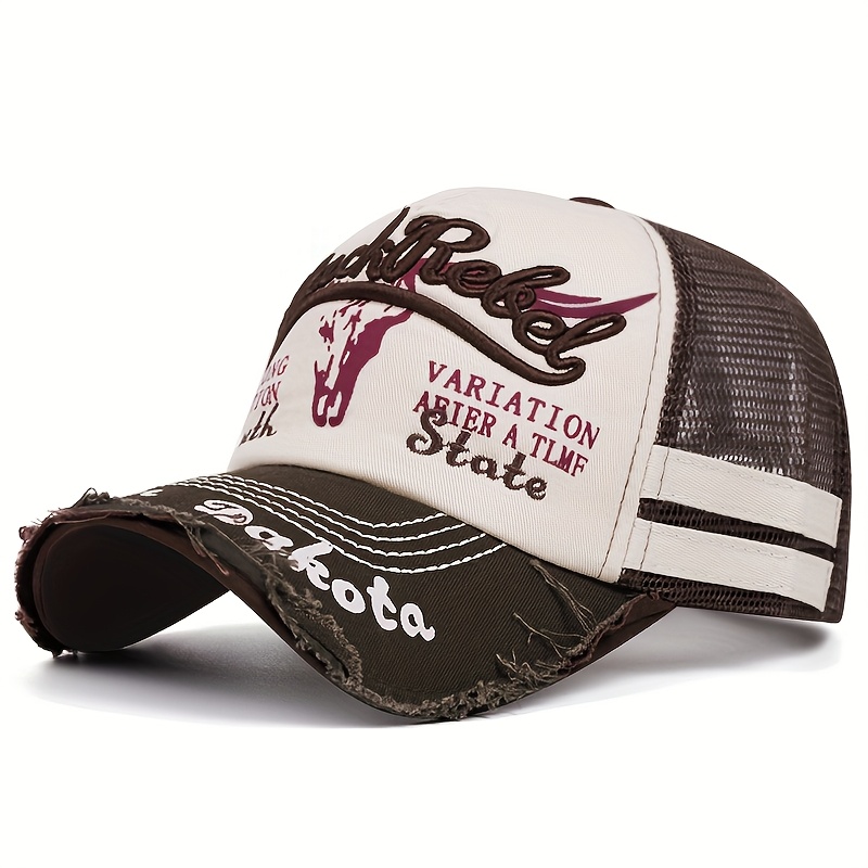 Image of New Outdoor Sports Comfortable All-match Pattern Mesh Baseball Cap, Men's Spring Summer Fashion Contrast Letter Embroidery Duckbill Cap Net Cap, Hip-hop Street Style Long Brim Hat For Daily Wear