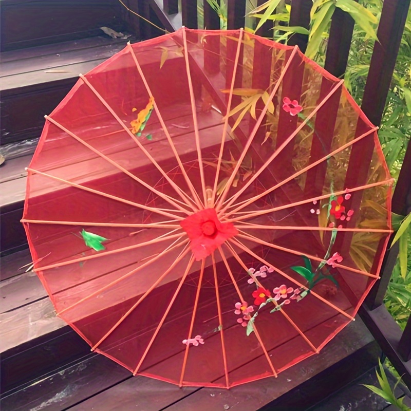 

1pc Traditional Chinese Silk Umbrellas, Large Transparent Dance & Craft Paper , Vintage Floral Design With Wooden Handle, Decorative Performance Props, Retro Style, Party Performance Photo Props