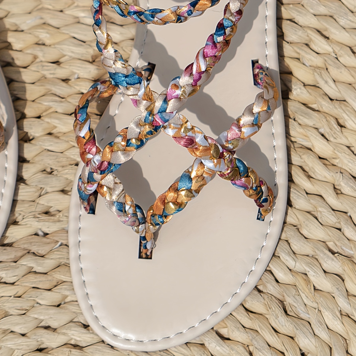 womens bohemian flat sandals colorful braided straps open toe rubber sole synthetic insole   beach and   footwear bohemian style rubber sole sandals Product details 5