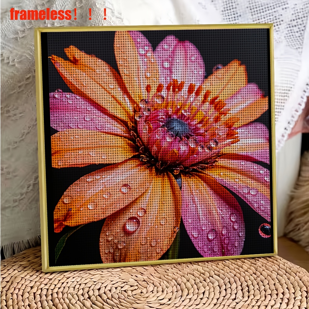 DIY Cross-Stitch Printed Kit "Orange-Pink Flowers with Dewdrops"