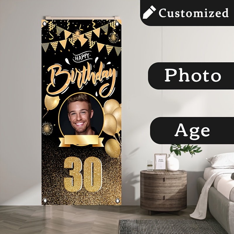 

1pc Personalized Birthday Banner, Custom Photo & Age Printed, & Golden Vinyl Poster, Polyester, For Room, Garden, Carnivals, Universal Holiday Decor, No Electricity Needed, Multiple Sizes