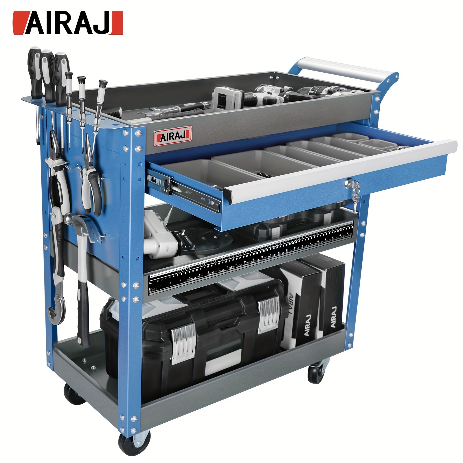 

Airaj 3 Tiers Rolling Tool Cart, Mechanic Tool Cart On Wheels, Industrial Utility Cart With Drawers And Pegboard, 440 Lbs Capacity Tool Storage Cart For Garage, Warehouse, Blue