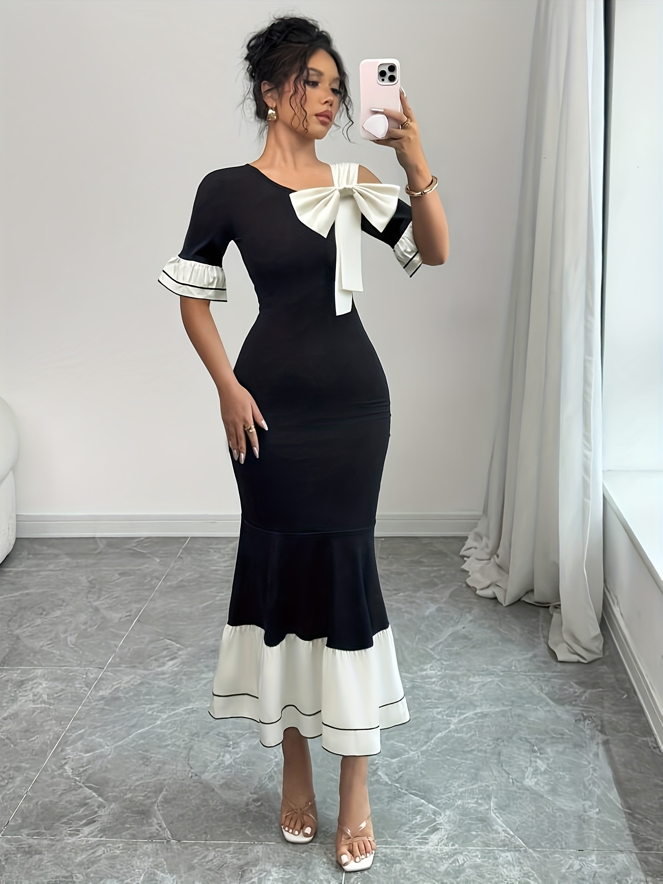 elegant asymmetrical bow detail short sleeve mermaid dress - Temu Bahrain