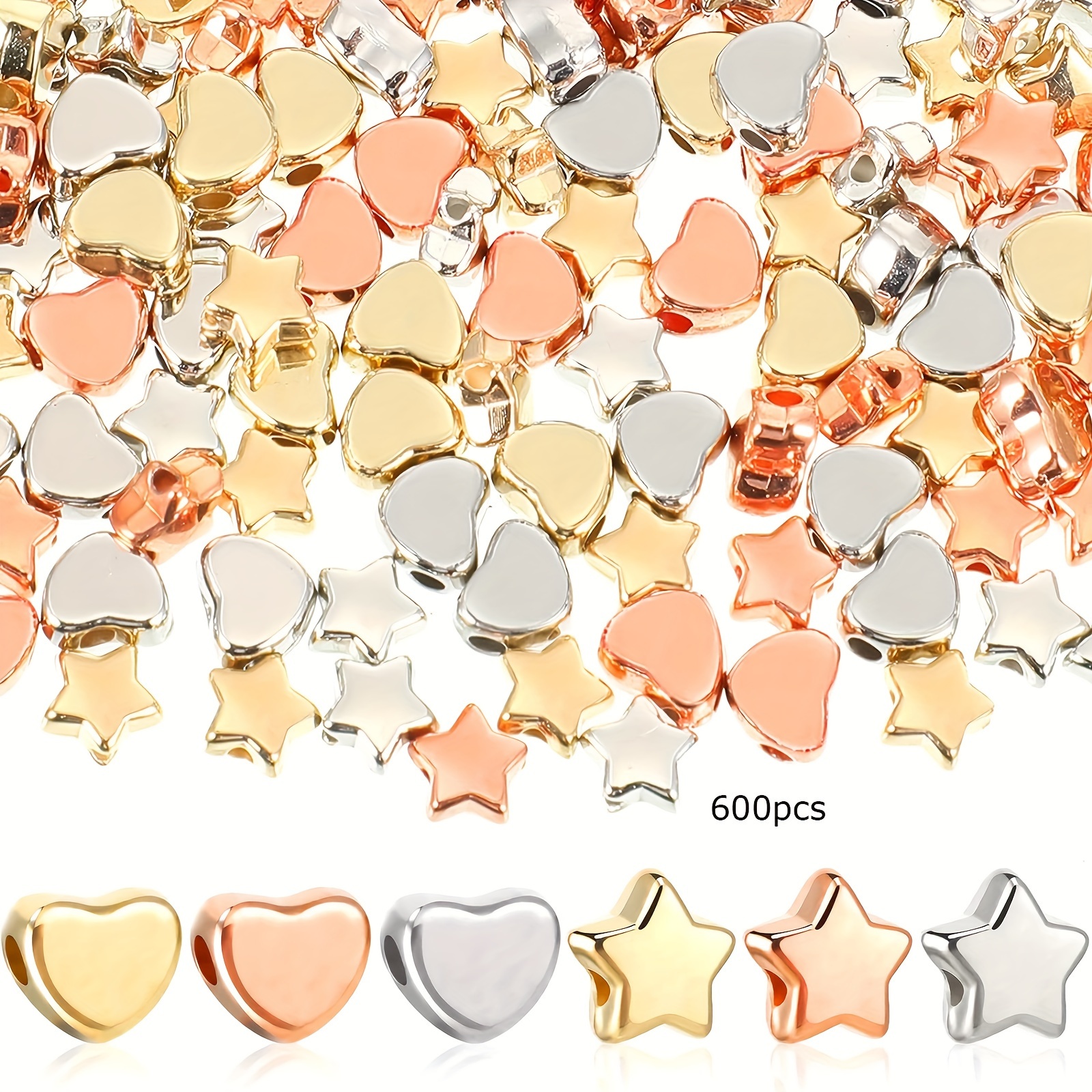 TEMU 600pcs Loose Spacer Beads Set Silvery Golden Plated Small Hole Star Beads Alloy Beads For Art Crafts Bracelet Necklace Earring Jewelry Making Supplies, Golden, Silvery, Rose Golden