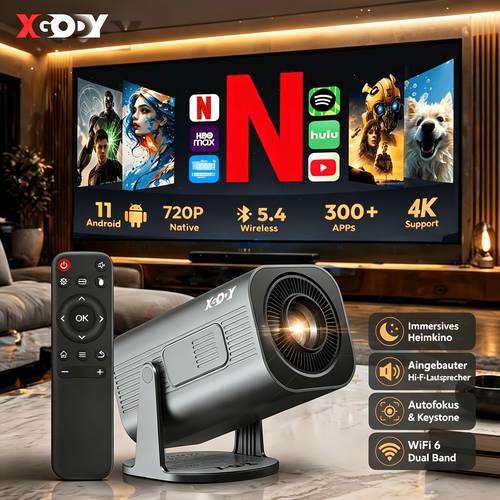 tragbarer projektor, mit 11, dual wifi6, 260ansi helligkeit, 1280x720p hd, 4k unterstützung, geräuscharm, einhandbedienung, flexibler ° projektionswinkel, heimkino mini projektor