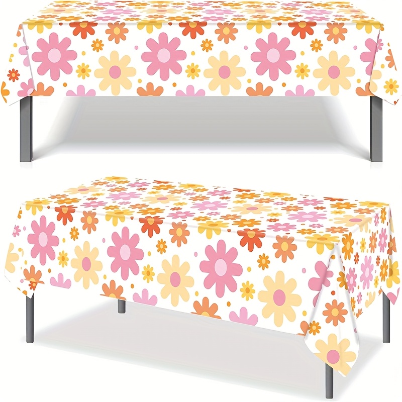 TEMU 1pc Bohemian Daisy Tablecloth - Vintage Hippie Floral Disposable Table Cover, Wedding Decorations, Summer Decoration, Decor For Outside, Decor,