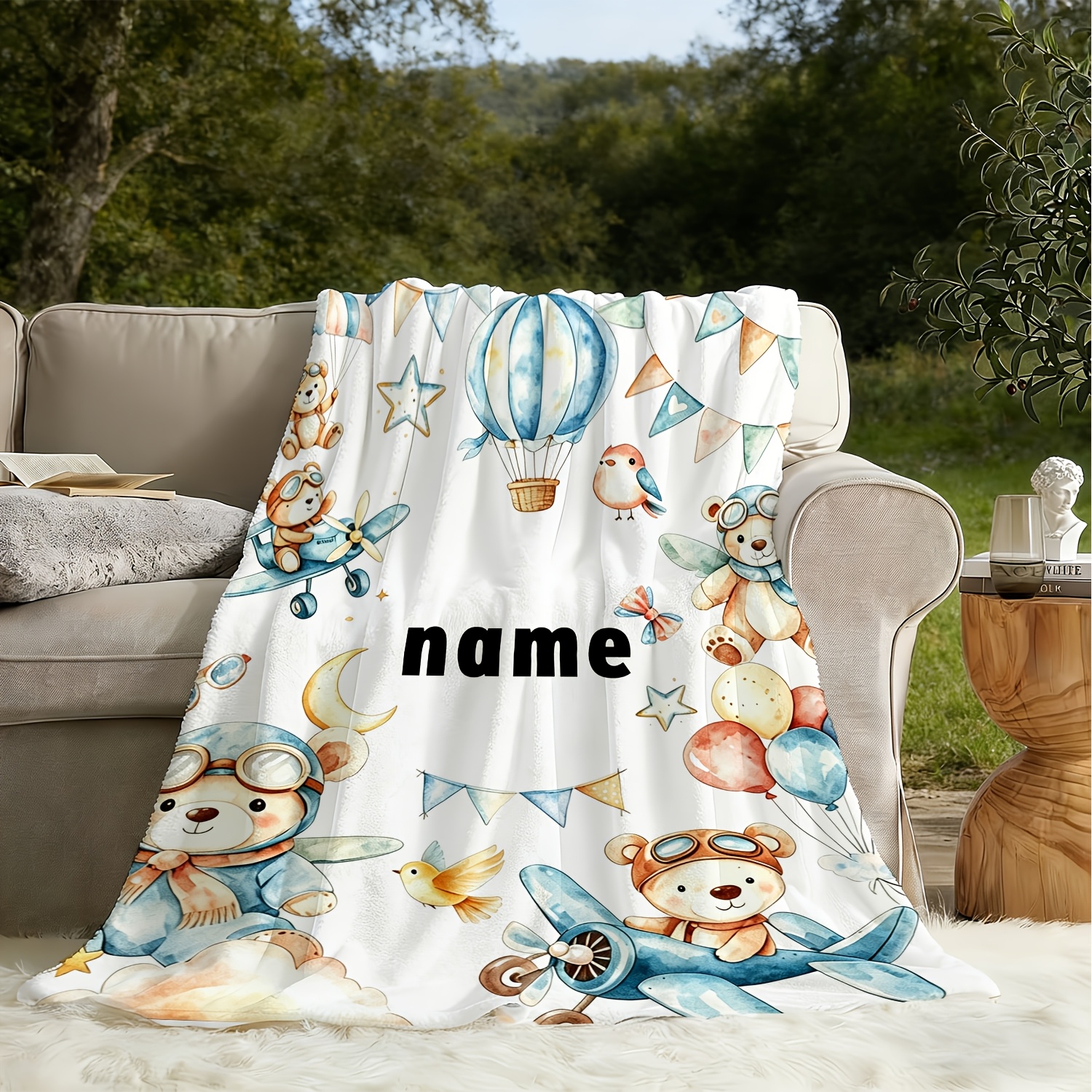 Pilot Bear Airplane Hot Air Balloon Customizable Name Blanket