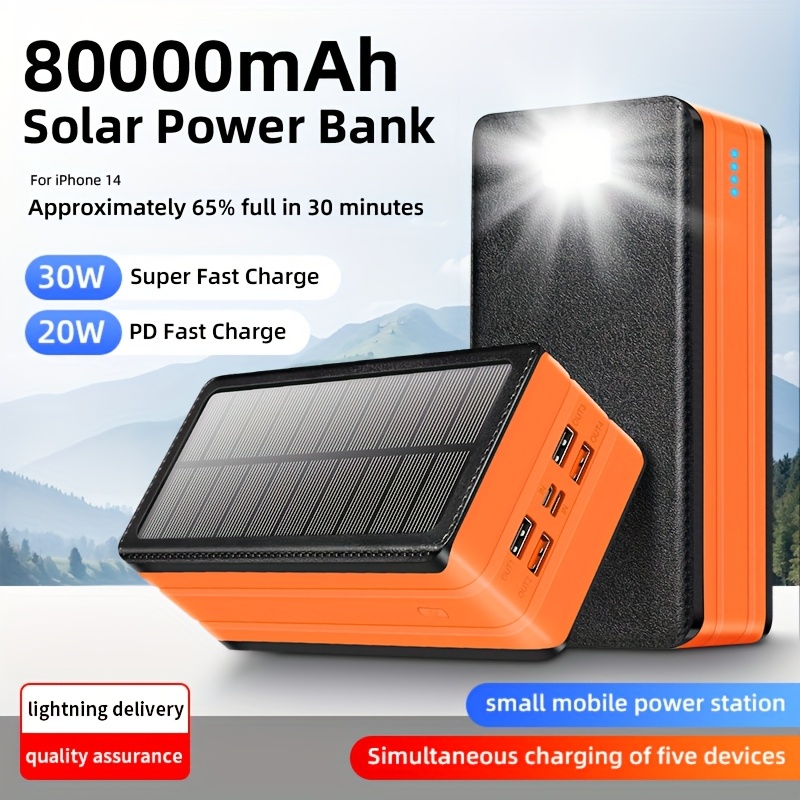 80000mah large capacity solar charger power bank 30w fast charging mobile power 5 outputs and 2   led flashlight sos flashlight warning lights portable charger suitable for outdoor camping and wilderness survival gear Product details 0