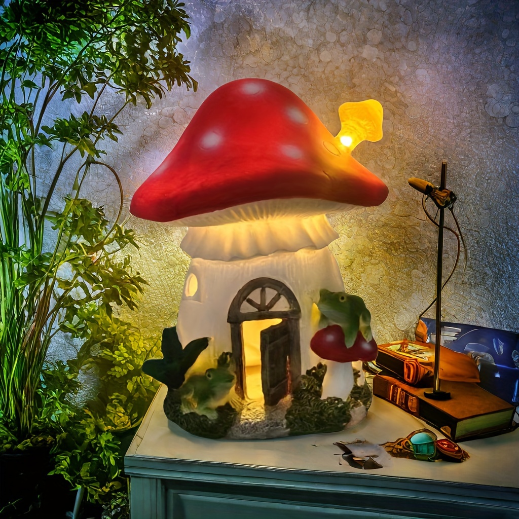 

Solar-powered Resin Mushroom House Outdoor Lawn Decor Figurine Statue Light - Waterproof Cartoon Patterned Garden Ornament With Rechargeable Nickel Battery, Switch Control, No Remote Included
