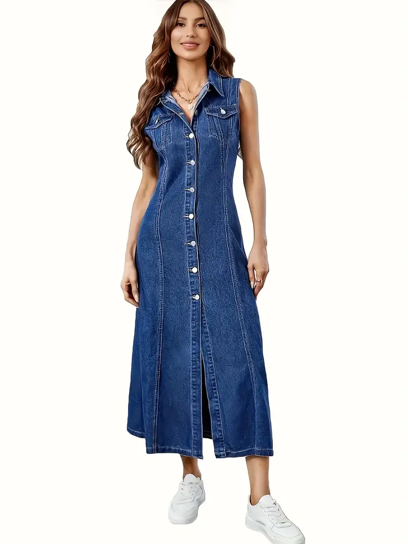 stretchy sleeveless denim midi dress with classic collar button     machine washable blend   spring summer fall denim dress Product details 0