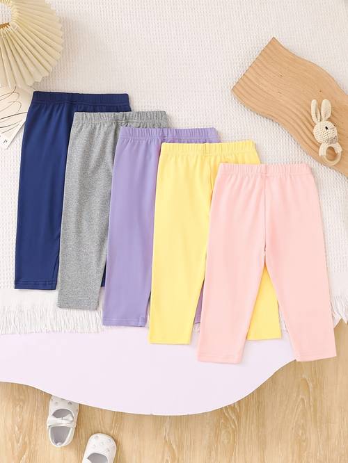 5pcs summer solid color pattern leggings for girls comfortable and breathable multiple color options ideal gift