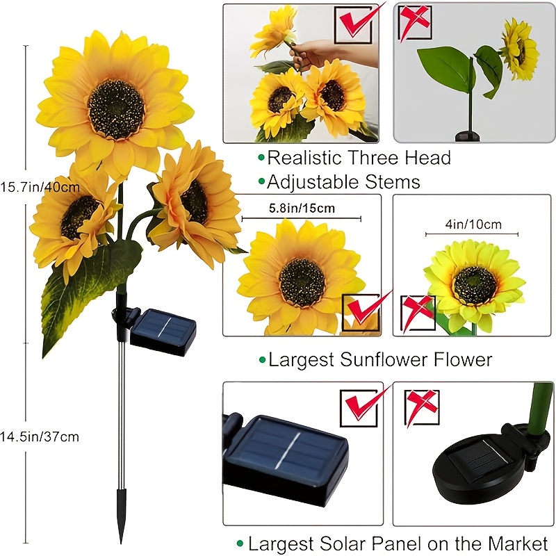 Decoraciones Navideñas Solares para Exteriores, 3 Luces LED de Girasol, Luces Solares de Flores, Regalos de Girasol para Mamá en Cumpleaños y Navidad, Luces Decorativas de Estaca para Jardín y Césped, Iluminación Decorativa para Exteriores