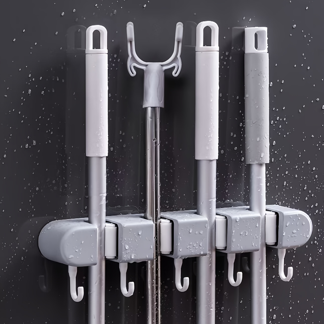 wall mounted mop and broom holder no drill   organizer with flexible silicone clips multi use plastic storage rack for bathroom   saving   sleek gray   cleaning tool holder   durable plastic rack details 9