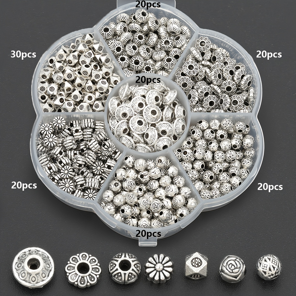 TEMU Kit di 150 pezzi per creazione di gioielli, perline distanziatrici a forma , perline distanziatrici con texture 3D, perline distanziatrici a