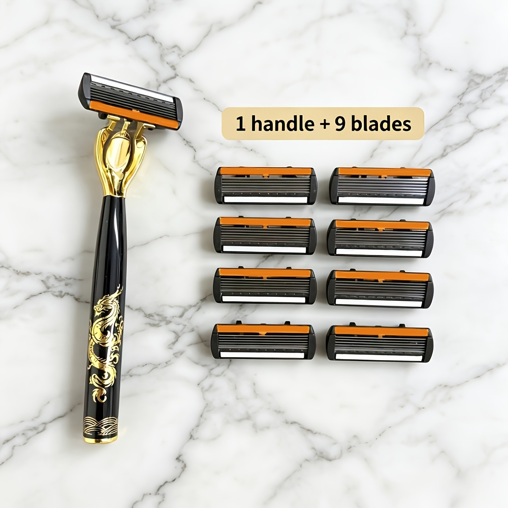 TEMU Men's Manual Safety Shaver Set, Light Pattern Shaver, Including 1 Handle And 9pcs 6-layer Replacement Blade Heads, Stainless Steel And Ergonomic