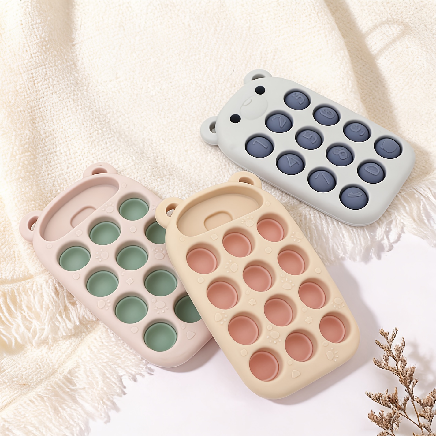 Silicone Phone-Shaped Teether Toy for Kids, Bear Button Design