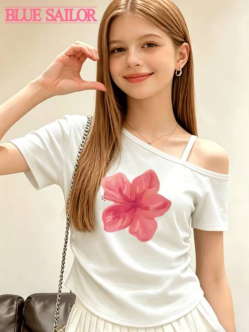 minimalist floral painting print off shoulder short sleeved t shirt for middle and large children and girls single shoulder suspender 14 year old girls base shirt clothing