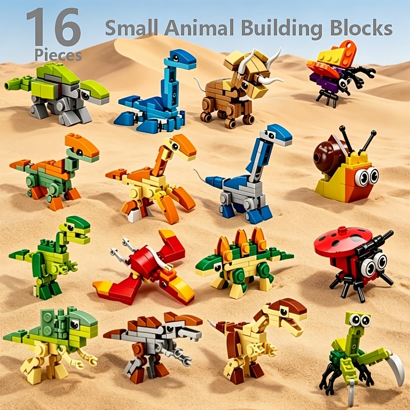 item picture 16pcs 3d puzzle building blocks set diy assembly dinosaur and insect building block puzzle game