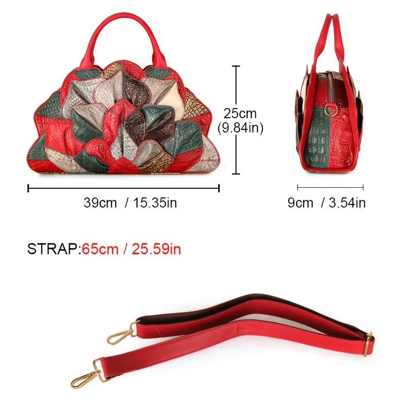 [Genuine Leather Satchel] Genuine Leather Satchel Handbag - Cobbler Legend Wo's Handmade Top Layer Cowhide with Lotus Flower & Crocodile Texture Design, Detachable Strap, Zipper Closure, Vibrant Color Block for Casual & Formal Occasions