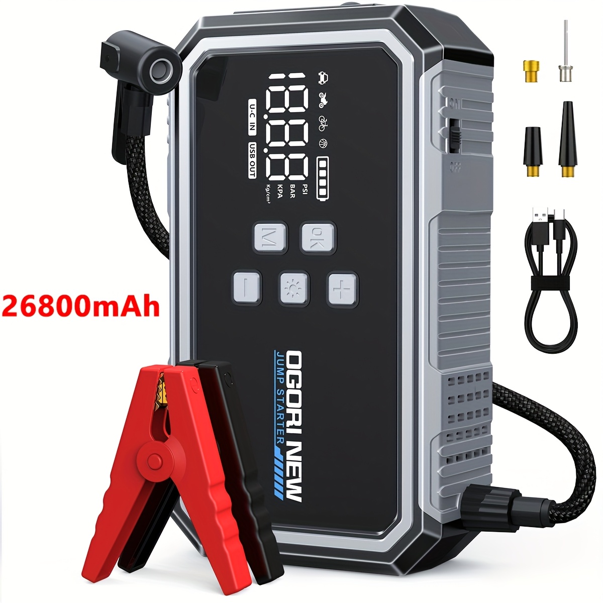 TEMU 9000a Car Jump Starter With Air Compressor, 160psi Cordless Tire Inflator, 12v Auto Jumper Box Booster With Display, Built-in 21800mah/26800mah