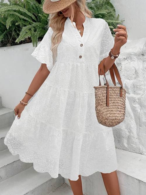 elegant v neck ruffle dress for women short sleeve button detail a line silhouette casual or dressy occasions versatile fashion button detail dress ruffle detail dress