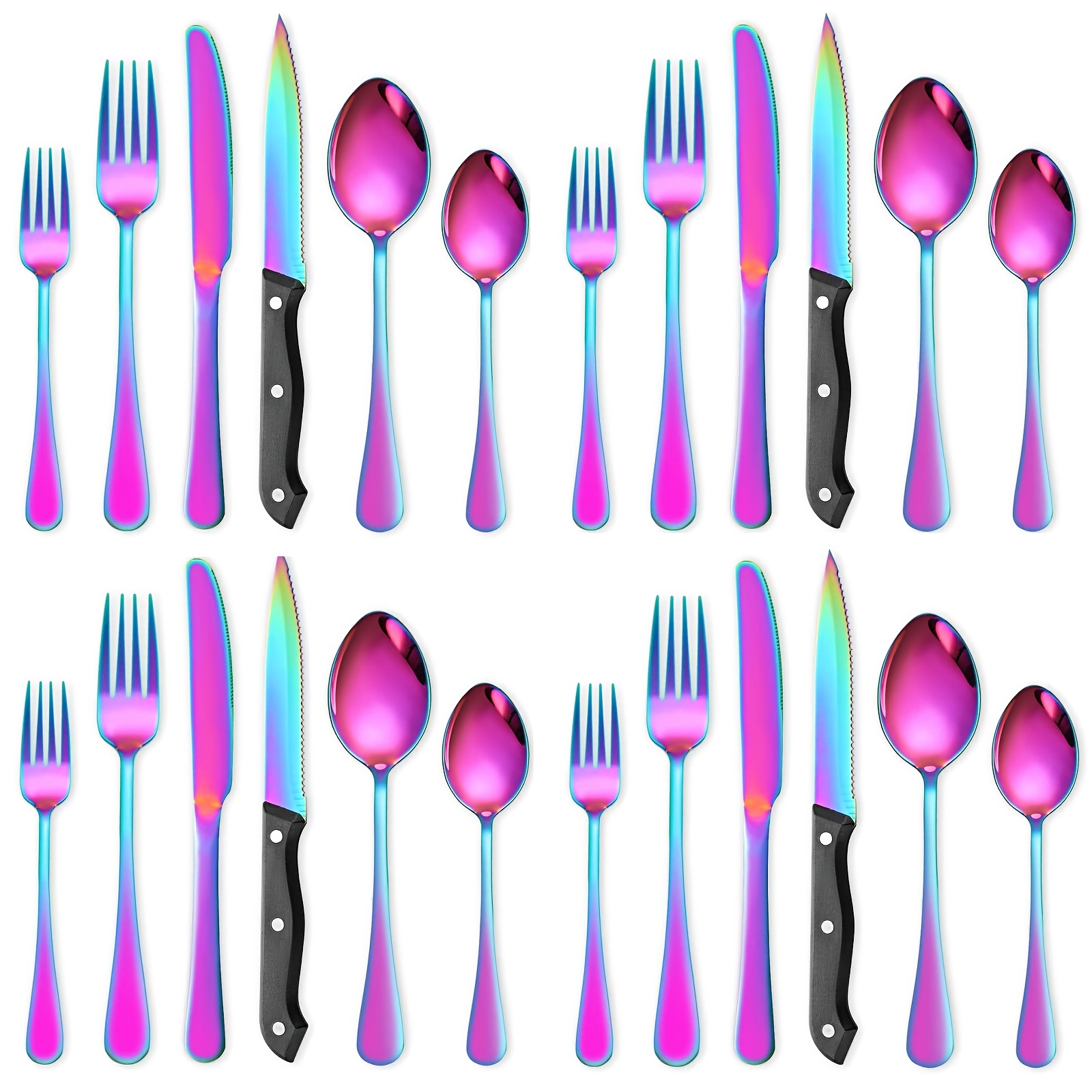 

24pcs Rainbow Stainless Steel Cutlery Set - Serrated Knives, Spoons, Forks - Dishwasher Safe - Ideal For Family, Parties, Holidays (christmas, Halloween, Thanksgiving)