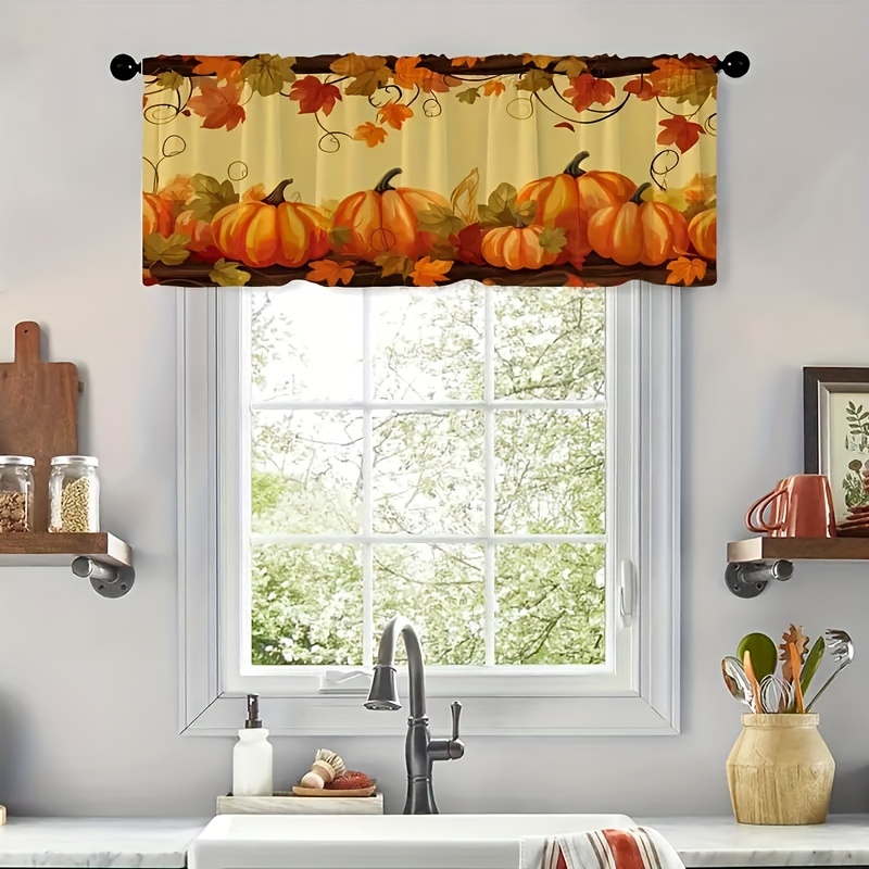 

Vintage Pumpkin & Maple Leaf Design Curtain, 52" X 18" - Machine Washable Polyester Valance For Kitchen, Living Room, Bedroom, Bathroom - Rod Decor