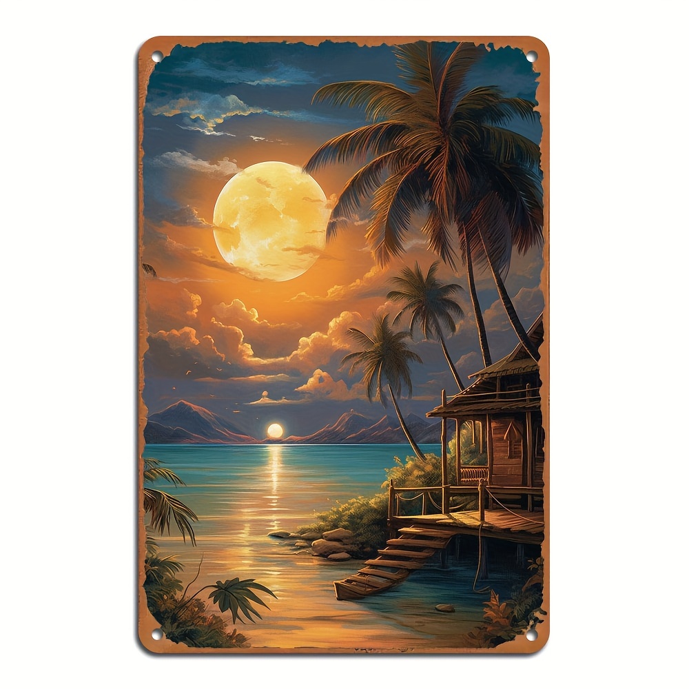 

Sunset & Palm Trees Metal Sign - Reusable Aluminum Wall Art For Home, Bar, Garage Decor (8x12 Inches)