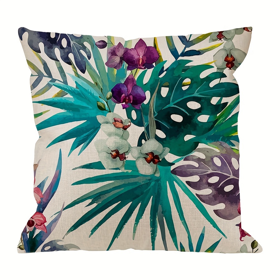 TEMU 1pc Copertura Cuscino in Lino con Orchidea e Foglia - Design in Viola, Verde e , con Cerniera, Lavabile in Lavatrice, Perfetta per o Decorazione
