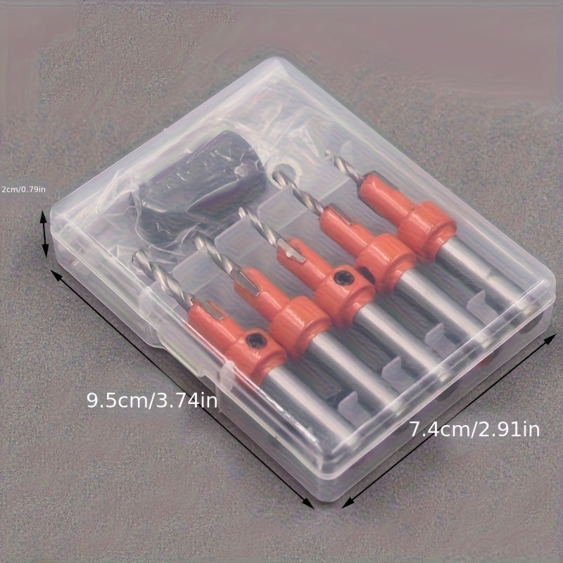 TEMU 5pcs Boxed Woodworking Countersunk Set, Equipped With 5 Drilling Tools And 1 Size Adjustment Plug, 8mm Round Handle, 2.8-4.0mm Tapered Size |