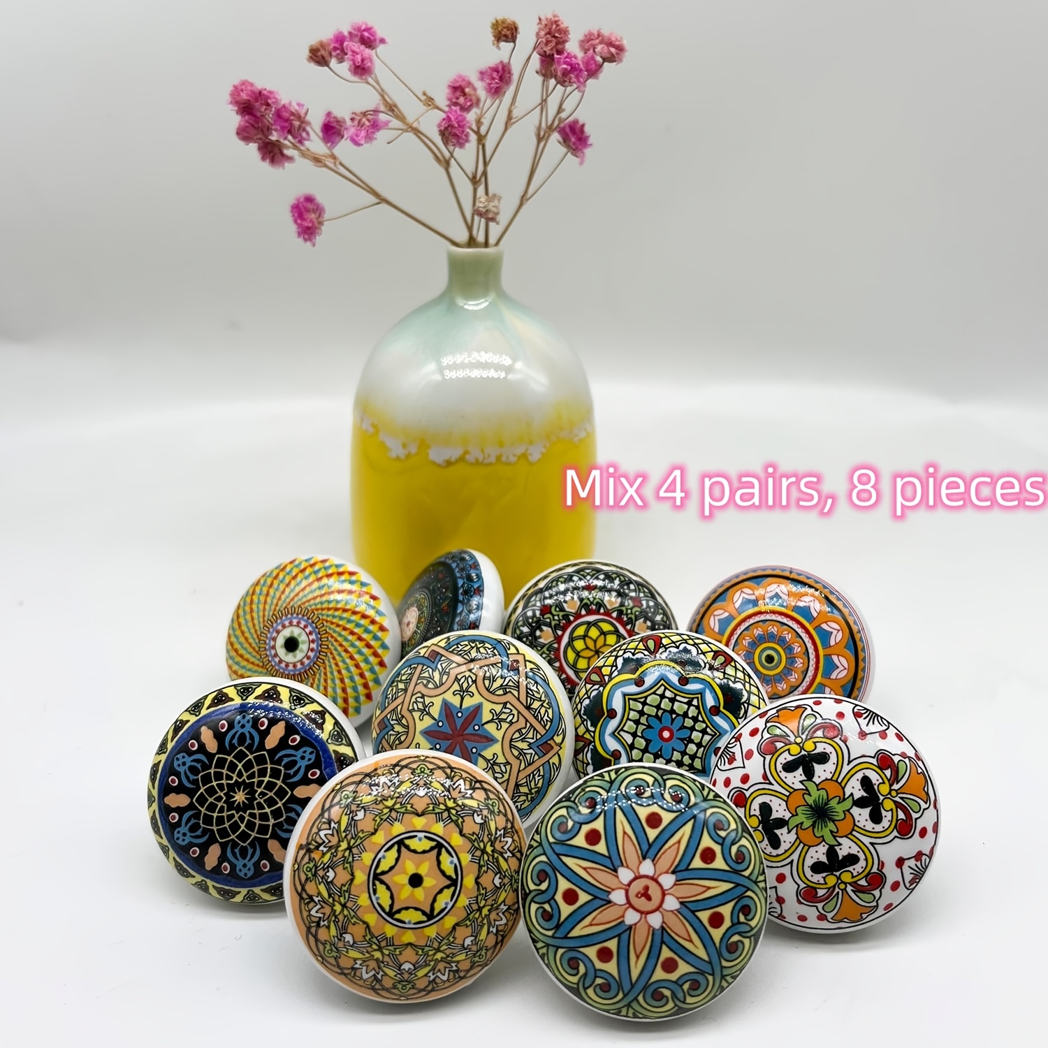 8pcs Bohemian Style Round Ceramic Drawer Knobs – Vibrant Floral & Geometric Patterns, Modern Home Cabinet And Wardrobe Door Handles With Installation Hardware Included, Knobs For Cabinets And Drawers