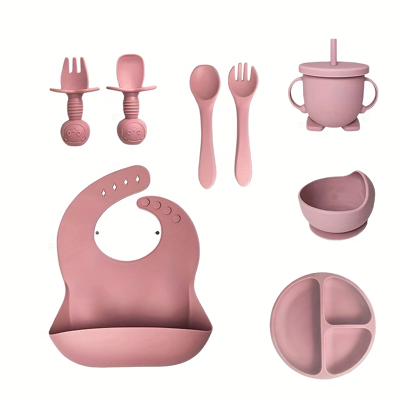 E-shop 8-teiliges Silikon-Baby-Fütterungsset, Baby-Selbstfütterungszubehör, Baby-Löffel, Gabel, Saugnapfschüssel, Unterteilter Teller, Trinkbecher,