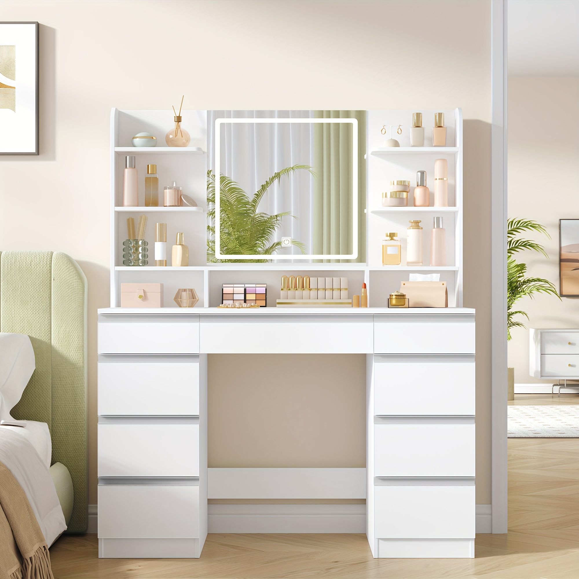 large dressing table with led lighting 3 colors brightness control dressing table with mirror 9 drawers 9 open shelves  
