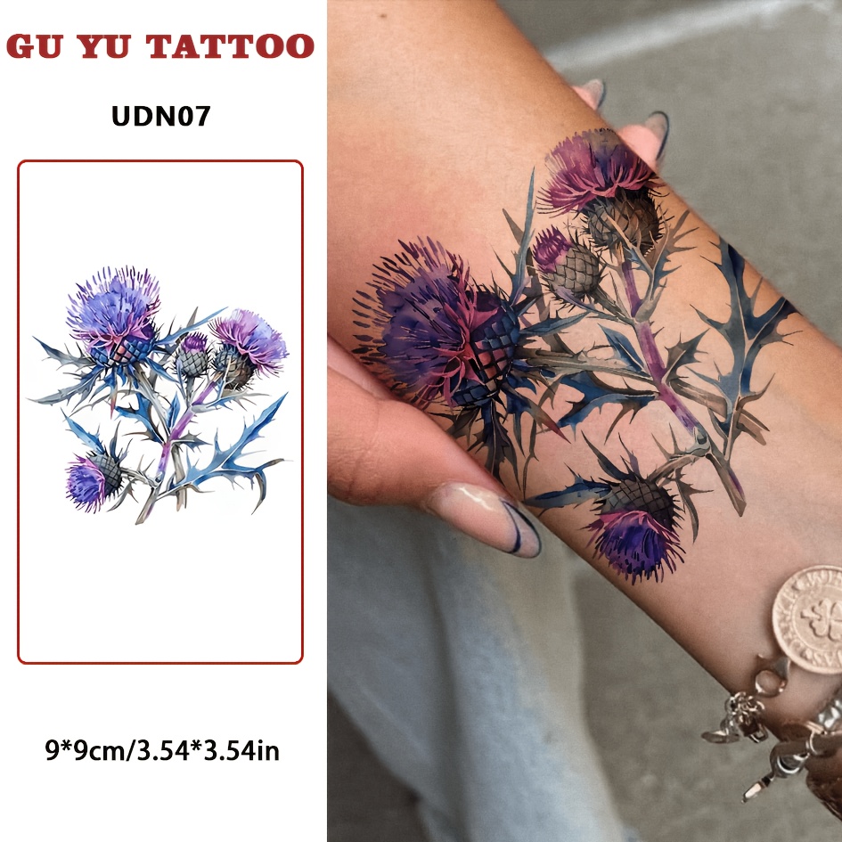 TEMU Autocollant motif violet, pétales rayonnant vers l'extérieur, gradient de couleurs du violet foncé au rose-bleu, bords de feuilles les épines,