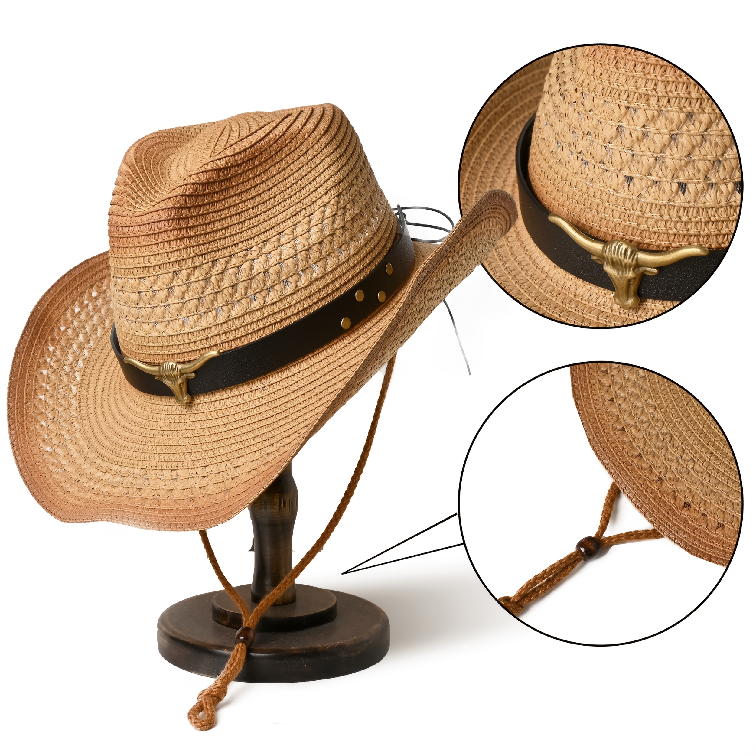 Paper Straw Cowboy Hat with Chin Strap Wide Brim Summer Beach Sun Hat Wide Brim Summer Beach Paper Straw Sun Hat Cap - Cap and  main image 3