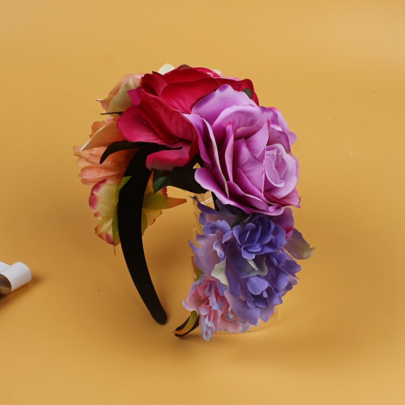 1 Women's Multicolored Rose Floral Headband Polyester Romantic Bohemian Seaside Vacation Simulation Flower Bride Pregnant Woman Photo Headdress Retro Festival Dress Up Mexican Ethnic Headband