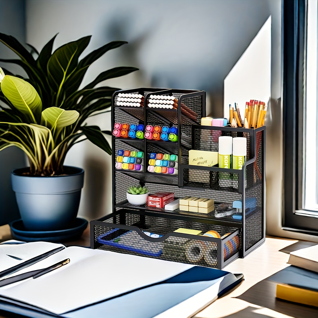 

Stylish Desk Caddy, Versatile Desktop Storage Solution, All-in-one Stationery Organizer, Office Supplies Holder With Built-in Compartment