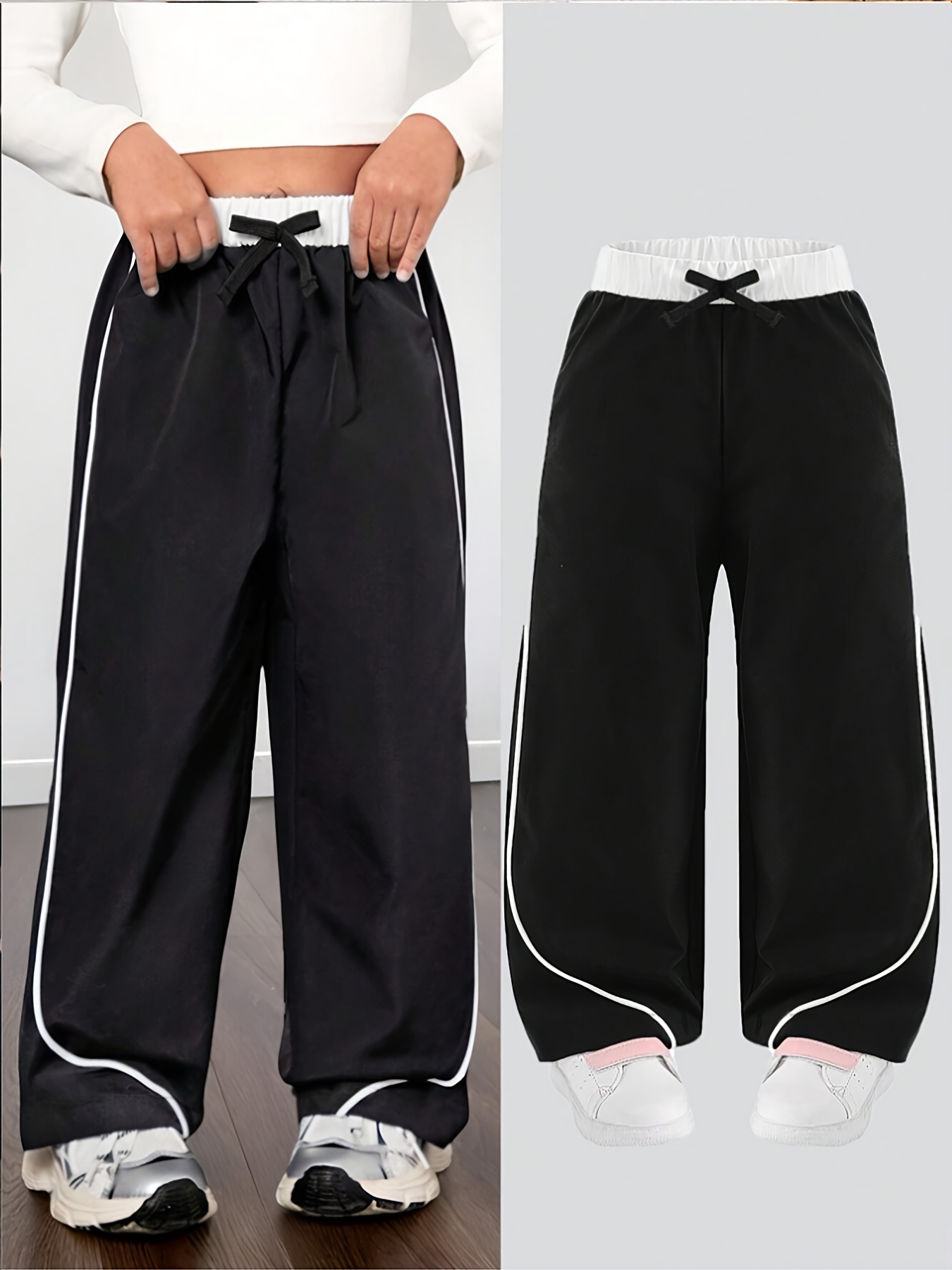 Girls' Color-Block Webbing Windproof Cargo Wide-Leg Pants