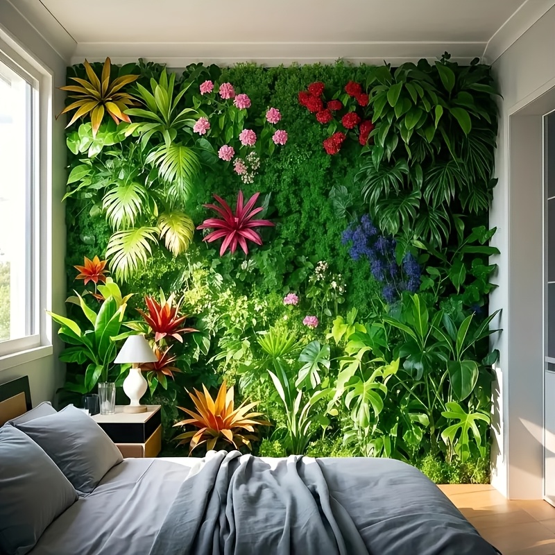4 Stk. (11.  ft) Künstliche Pflanzen Kunst Dekorative Wandpaneele mit Realistischer Agate, Persischer Farn, Palmenblättern und Verschiedenen Pflanzen und Blumen, Lebensechte Blatt- und Blumentexturen - Innen-/Außenrasen, Heimwand-Rasendekoration, UV-beständiger Langlebiger Kunststoff, Pflegefreie Falsche Pflanzen,   für Zuhause, Büro, Kommerzielle Ganzjahresdekoration, Außensimulation von Grün und Blumen