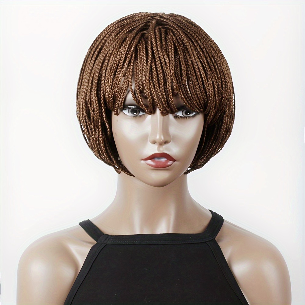 

Elegant 8-inch Braid Bob Wig With Bangs For Women - High-temperature Synthetic Cornrow Braids, Stretch Cap, Elegant Style