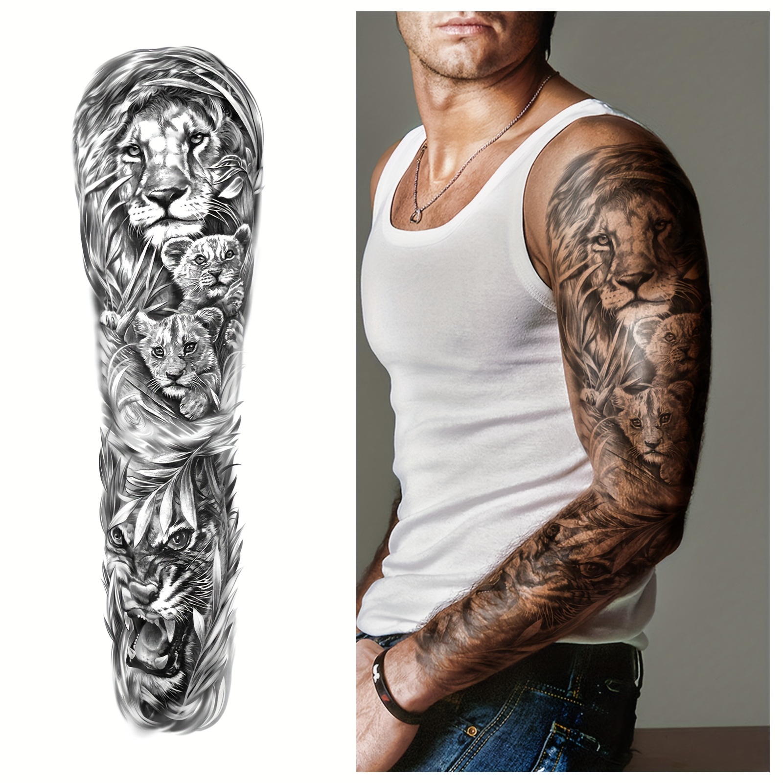 Image of 1 Waterproof Full-arm Tattoo Sleeve Sticker - Realistic Lion & , Long-lasting & Non-reflective, Ideal For To Cover Scars & Enhance Style, Scar Concealment|lion Motif Apparel|intricate Tattoo Details