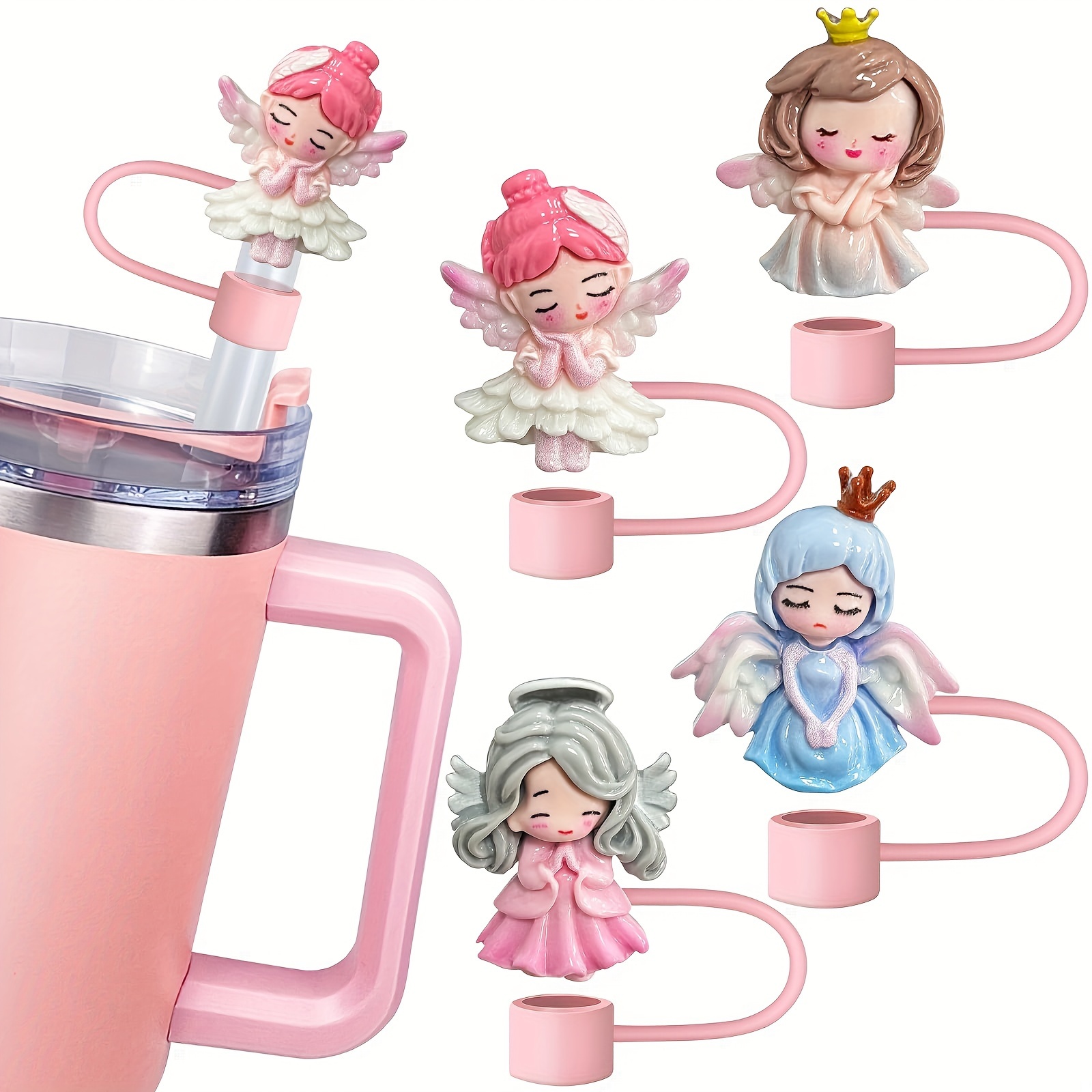 Image of Set Of 4 Pink Straw Lids For Portable Tumblers - Silicone Additions For Beverage Cups, Measuring 1.8 Inches In Diameter, Cute And Practical For Sports Water Bottles