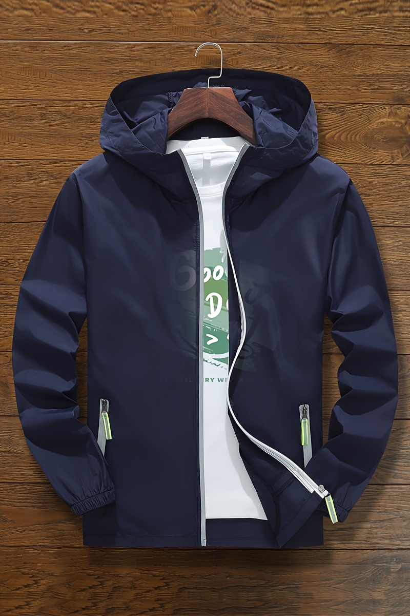 Unisex Summer Hooded Jacket with Reflective Zipper Design, Ultra-Thin Breathable Quick-Dry Windproof Sports Coat for Outdoor Night Running, Cycling, Fishing Sun Protection Top - Loose Fit Hooded Zip-Up Shirt