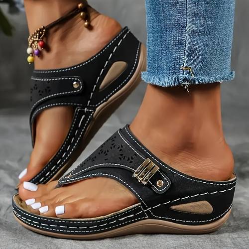 womens wedge flip flops with hollow out toe design slip on synthetic cover sole breathable comfortable outdoor summer slippers for casual wear open toe footwear strappy sandals