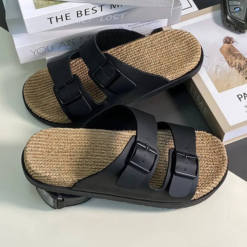 mens vintage solid color open toe breathable slippers comfy non slip casual double straps slides mens footwear details 10