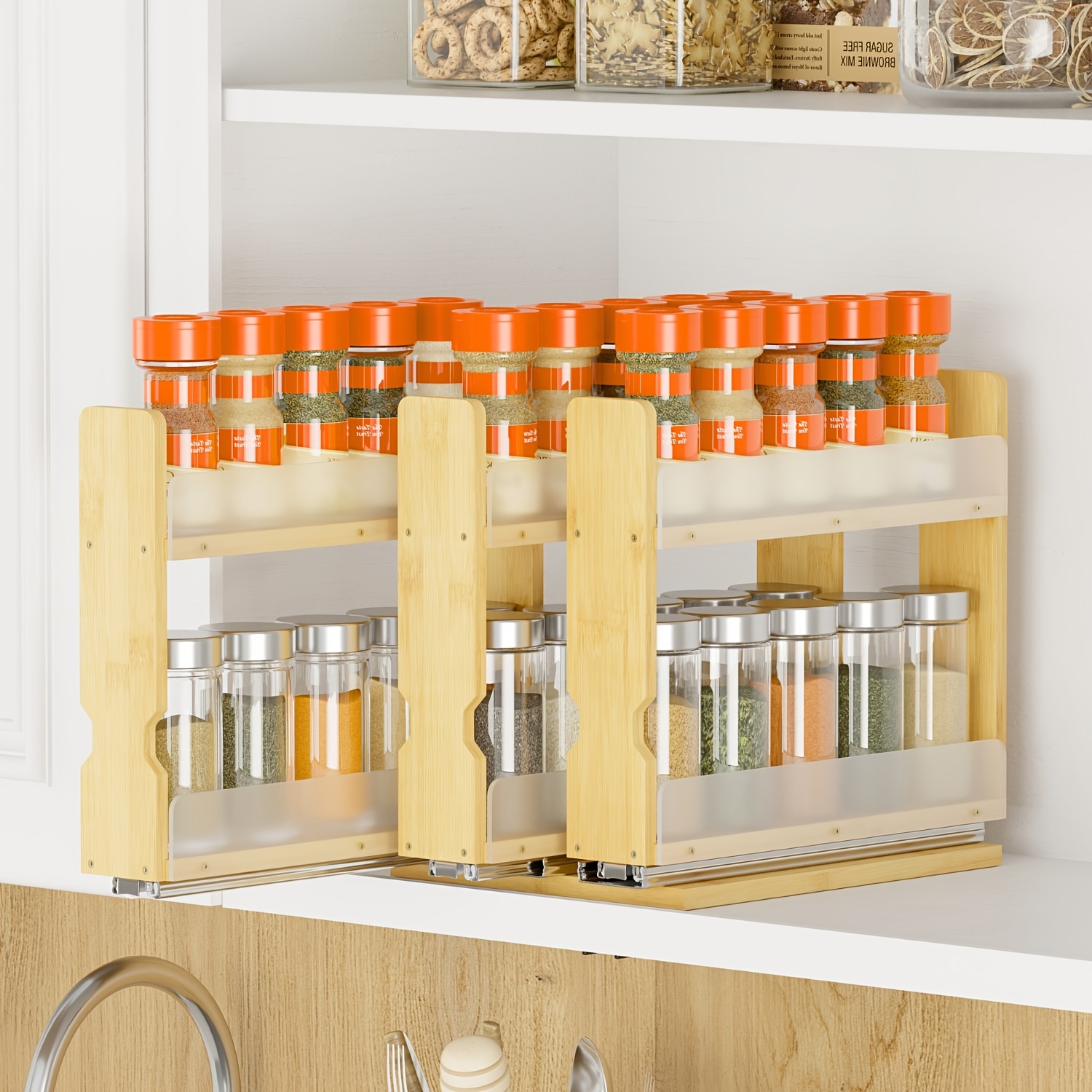 Bamboo Spice Rack Organizer With 3 Sliding Drawers, 2-tier Vertical Cabinet Storage For Kitchen Pantry, 8 Inch Wide, Natural End