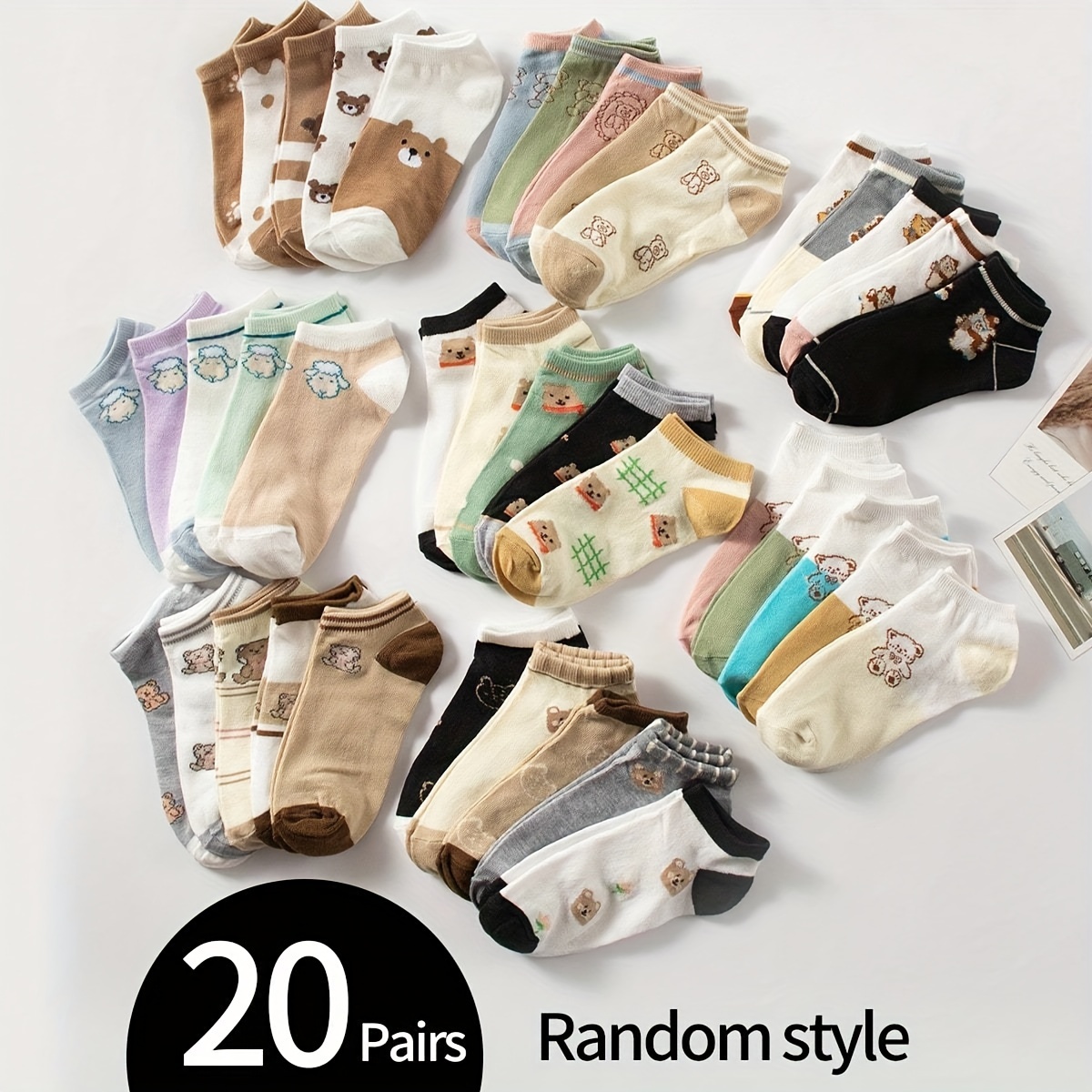 

20 Pairs Cartoon Bear Socks, Soft & Comfy Low Cut Ankle Socks, Women's Stockings & Hosiery
