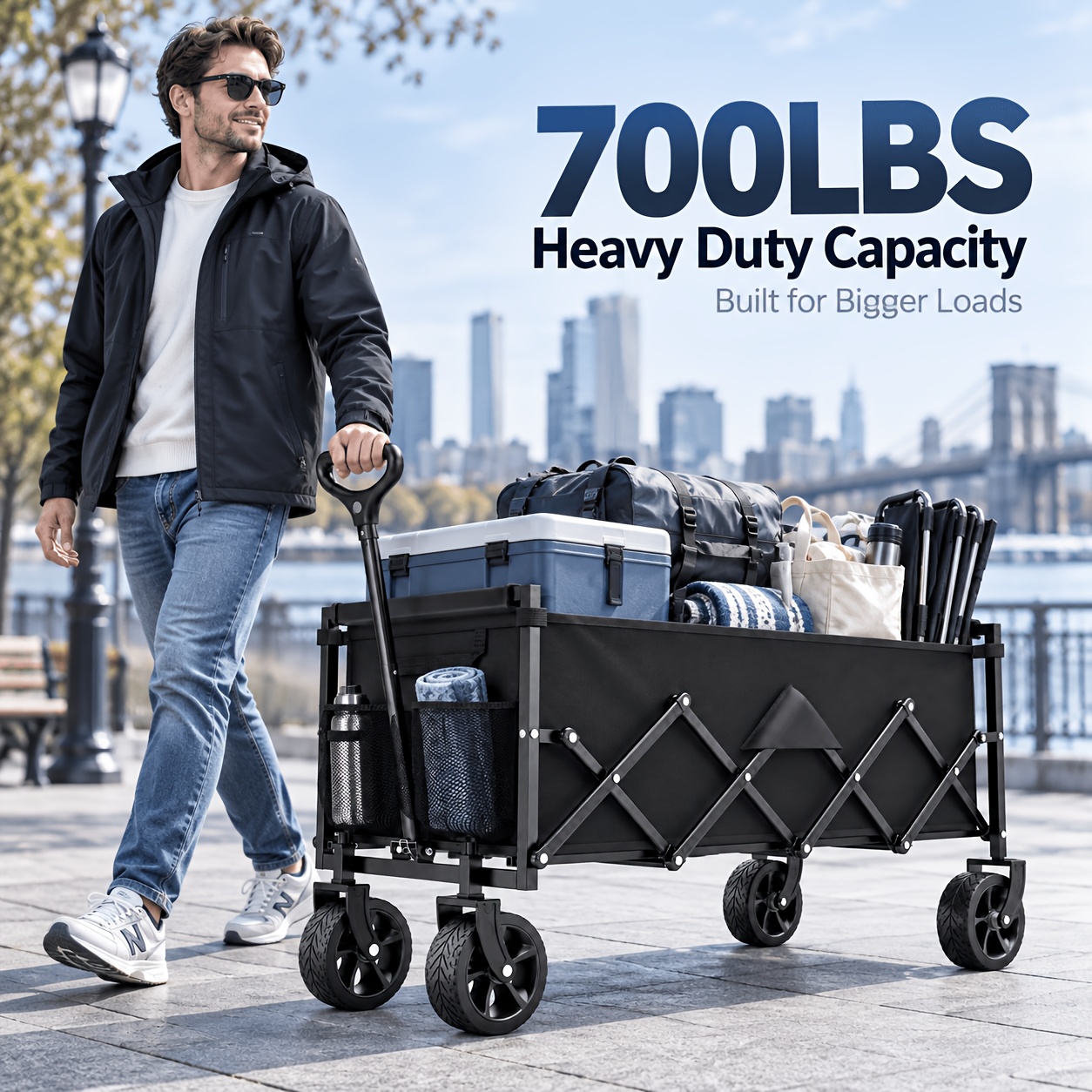 TEMU 700lbs Heavy Duty Folding Wagon Cart, Large Capacity Collapsible Utility Wagon With Wheels, 600d Oxford Fabric, Adjustable Handle For Camping,